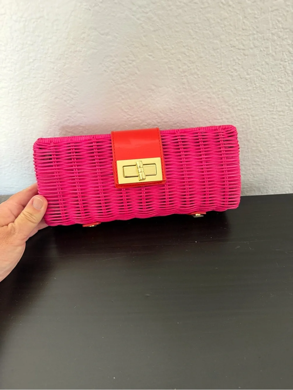 J. Crew Hot Pink Woven Clutch with Gold Turn-Lock